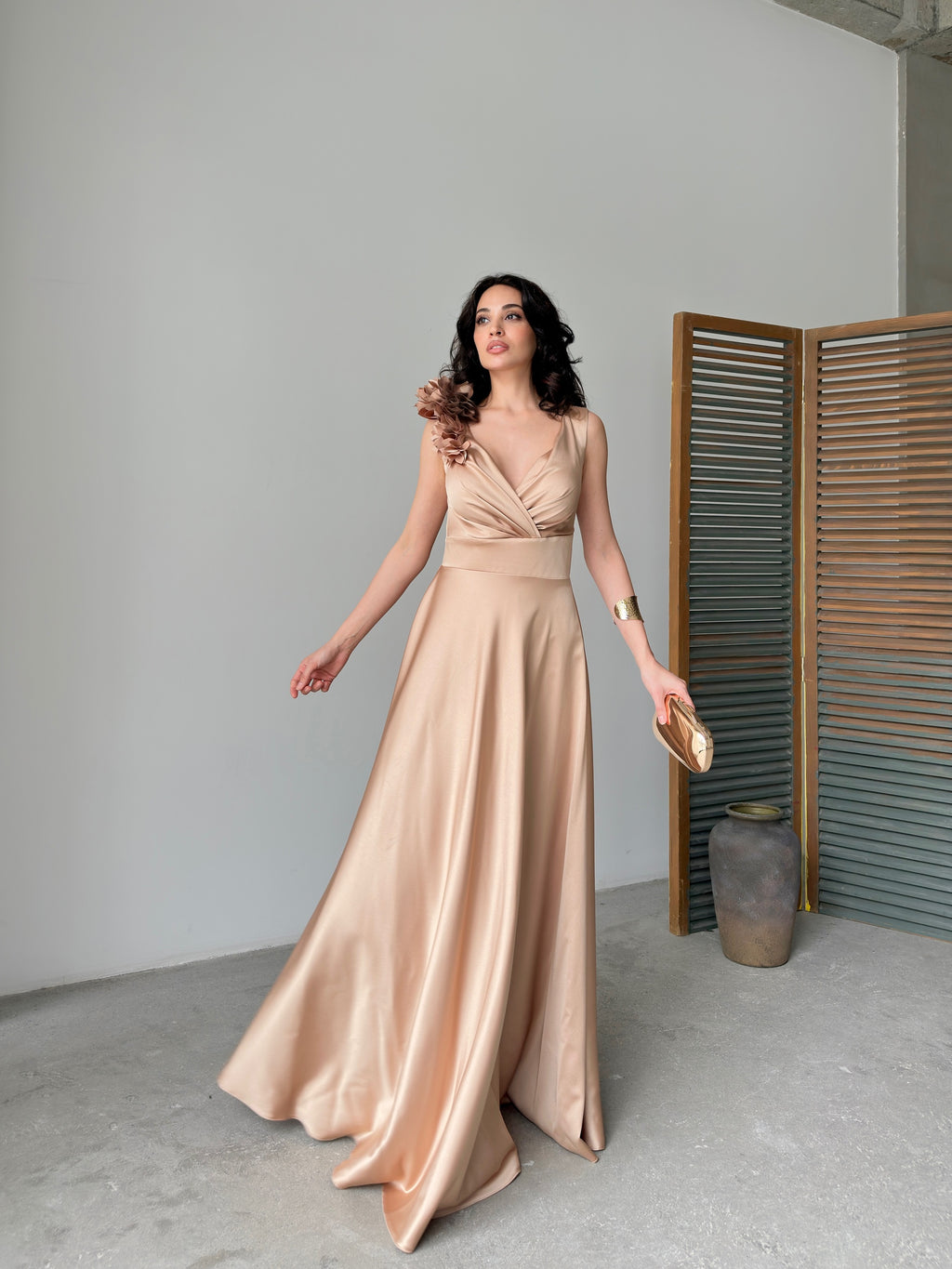 Surplice Neck Floral Shoulder Satin Maxi Dress - Gold