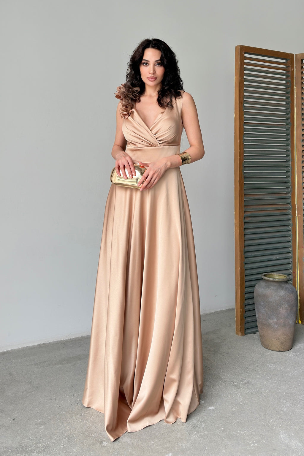 Surplice Neck Floral Shoulder Satin Maxi Dress - Gold