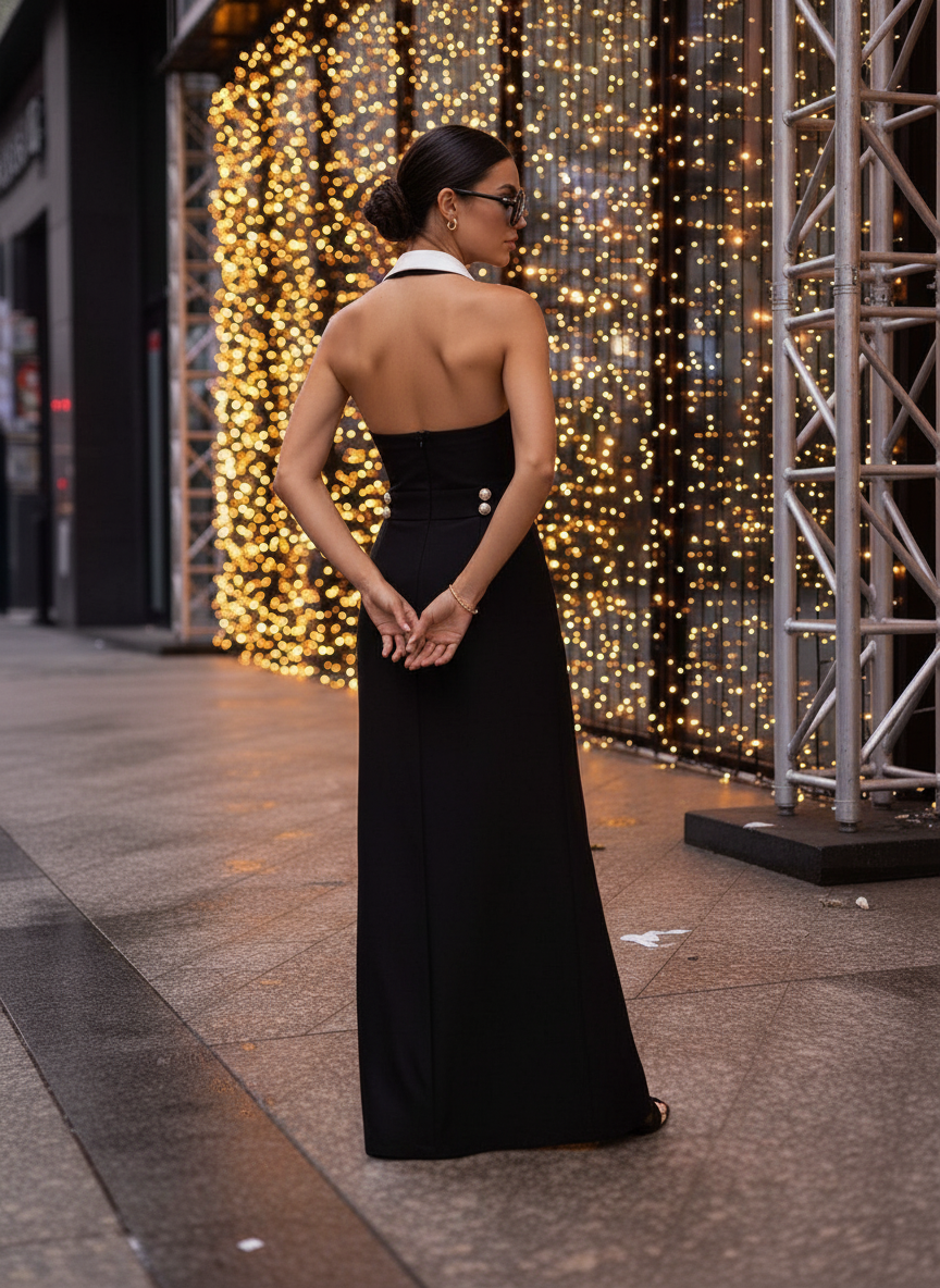 Contrast Collar Button Maxi Dress