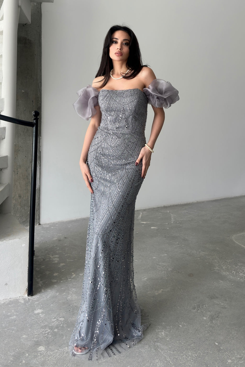 Beaded Off-Shoulder Puff Sleeve Maxi Dress - Gray