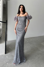 Beaded Off-Shoulder Puff Sleeve Maxi Dress - Gray