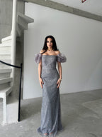 Beaded Off-Shoulder Puff Sleeve Maxi Dress - Gray