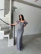 Beaded Off-Shoulder Puff Sleeve Maxi Dress - Gray