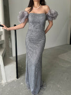 Beaded Off-Shoulder Puff Sleeve Maxi Dress - Gray