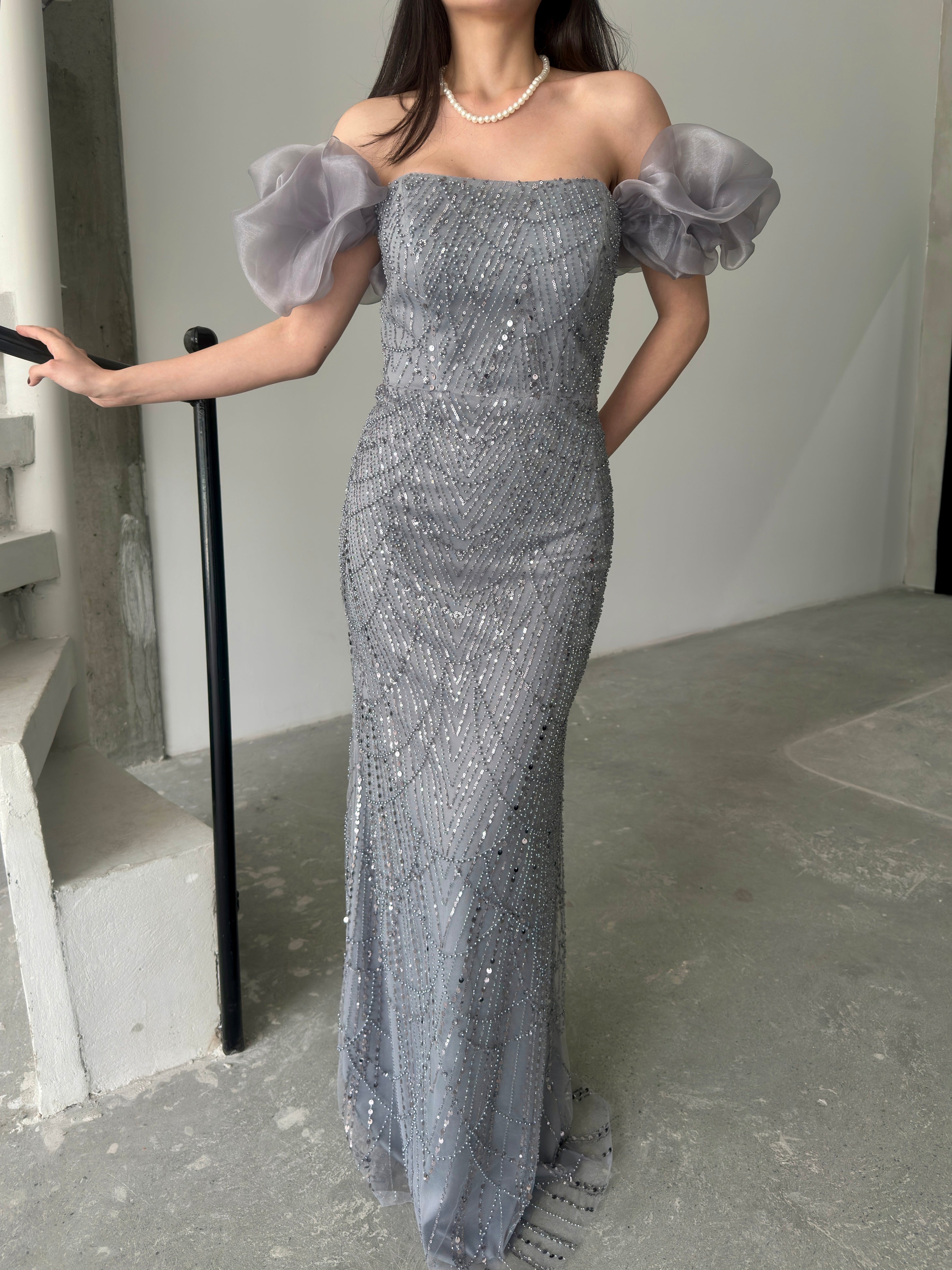 Beaded Off-Shoulder Puff Sleeve Maxi Dress - Gray