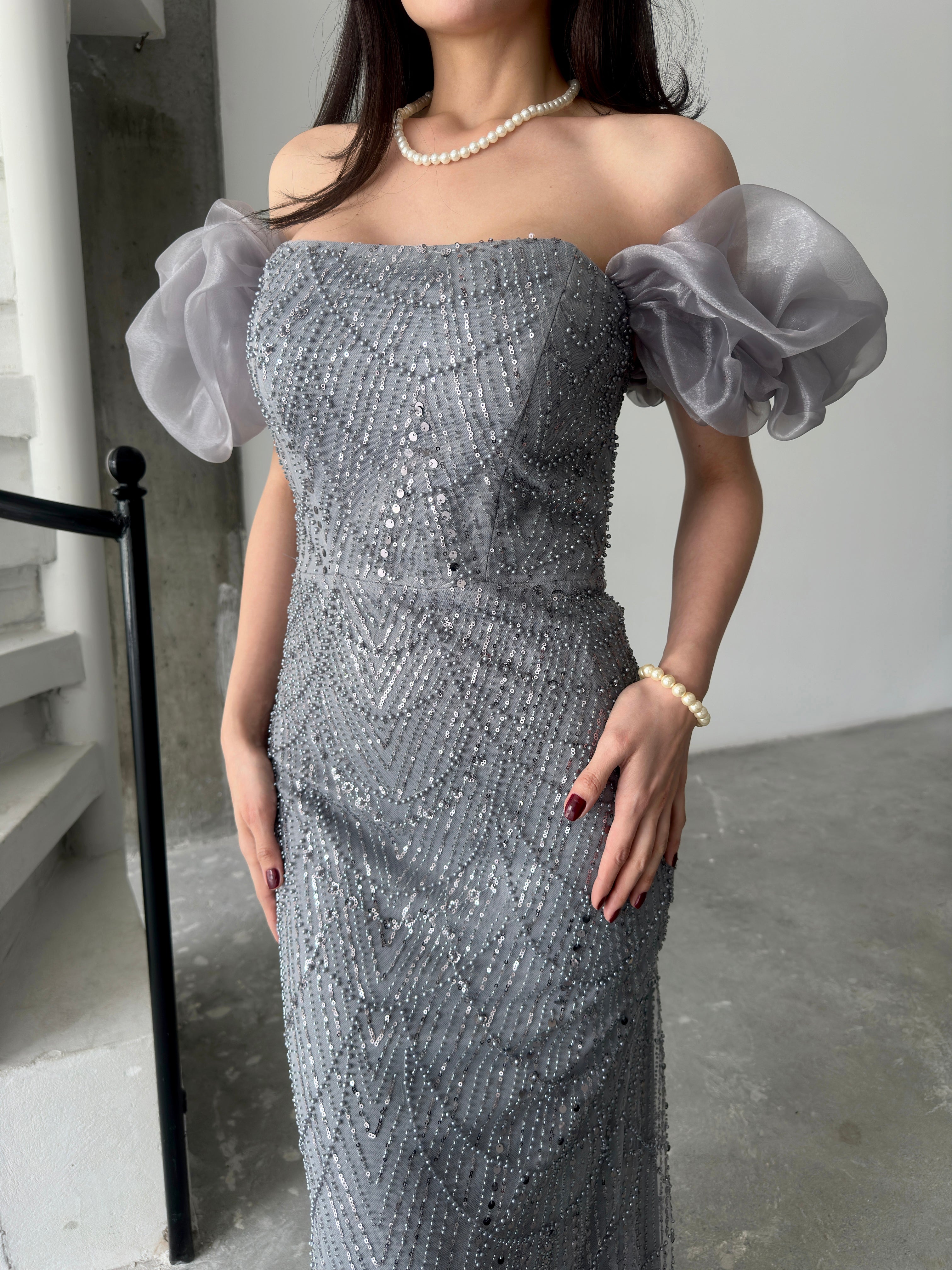 Beaded Off-Shoulder Puff Sleeve Maxi Dress - Gray