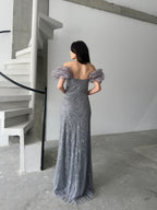 Beaded Off-Shoulder Puff Sleeve Maxi Dress - Gray