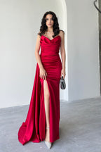 Draped Strapless Satin Maxi Dress - Red