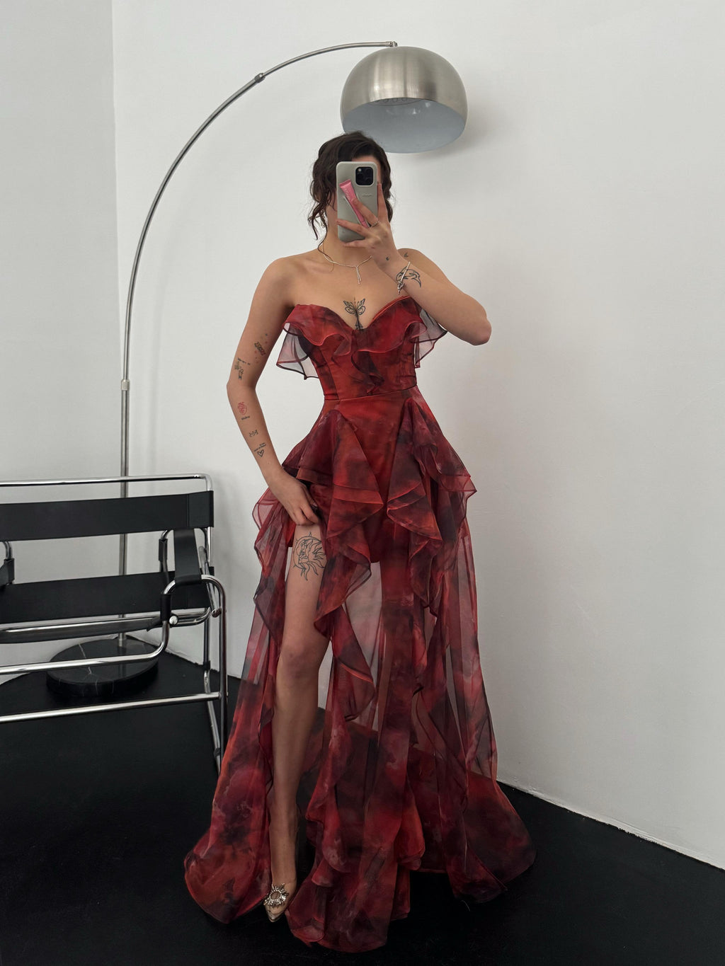 Ruffle Tier Strapless Chiffon Maxi Dress - Red Multi