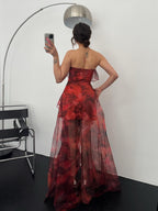 Ruffle Tier Strapless Chiffon Maxi Dress - Red Multi