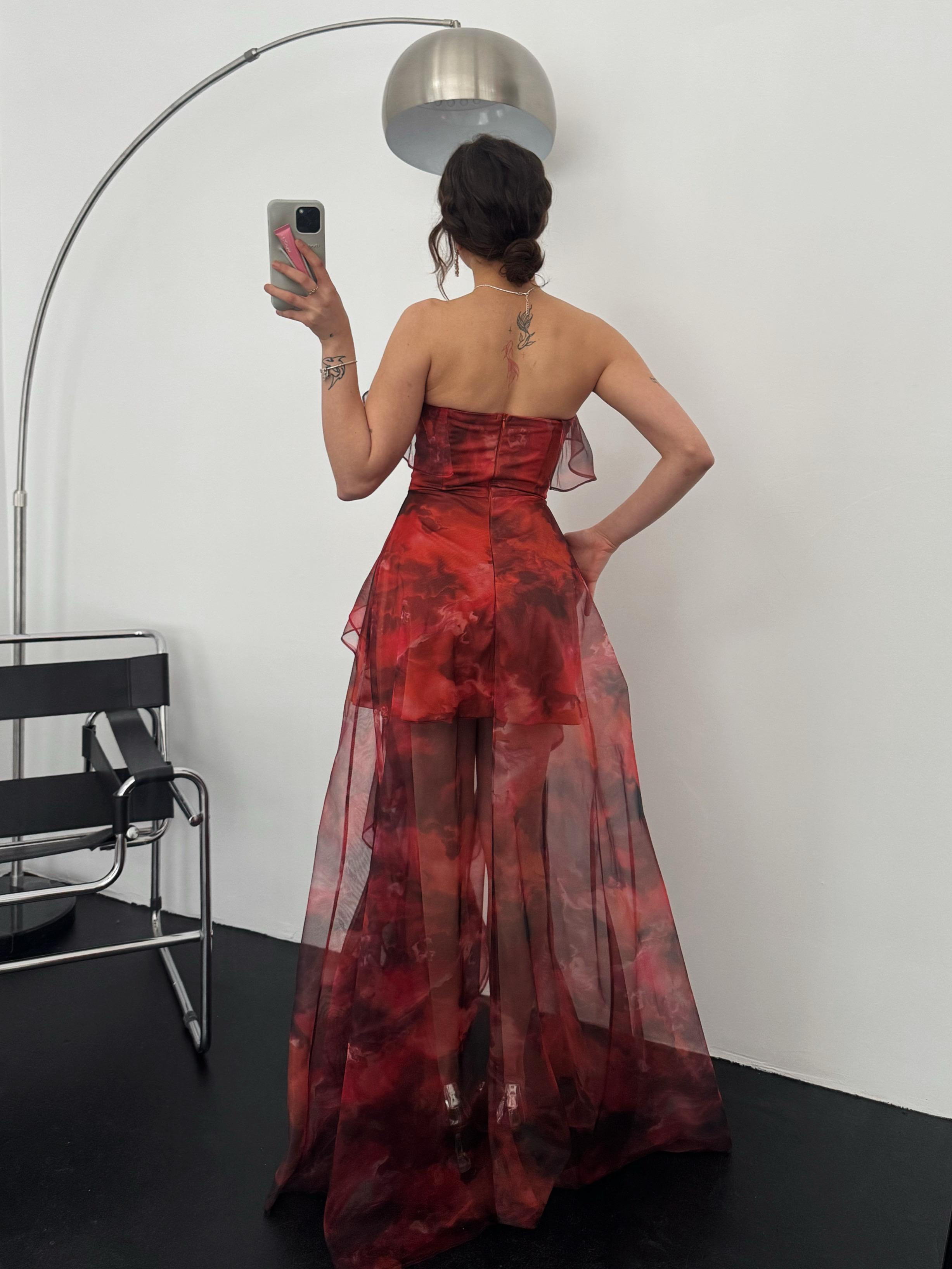 Ruffle Tier Strapless Chiffon Maxi Dress - Red Multi