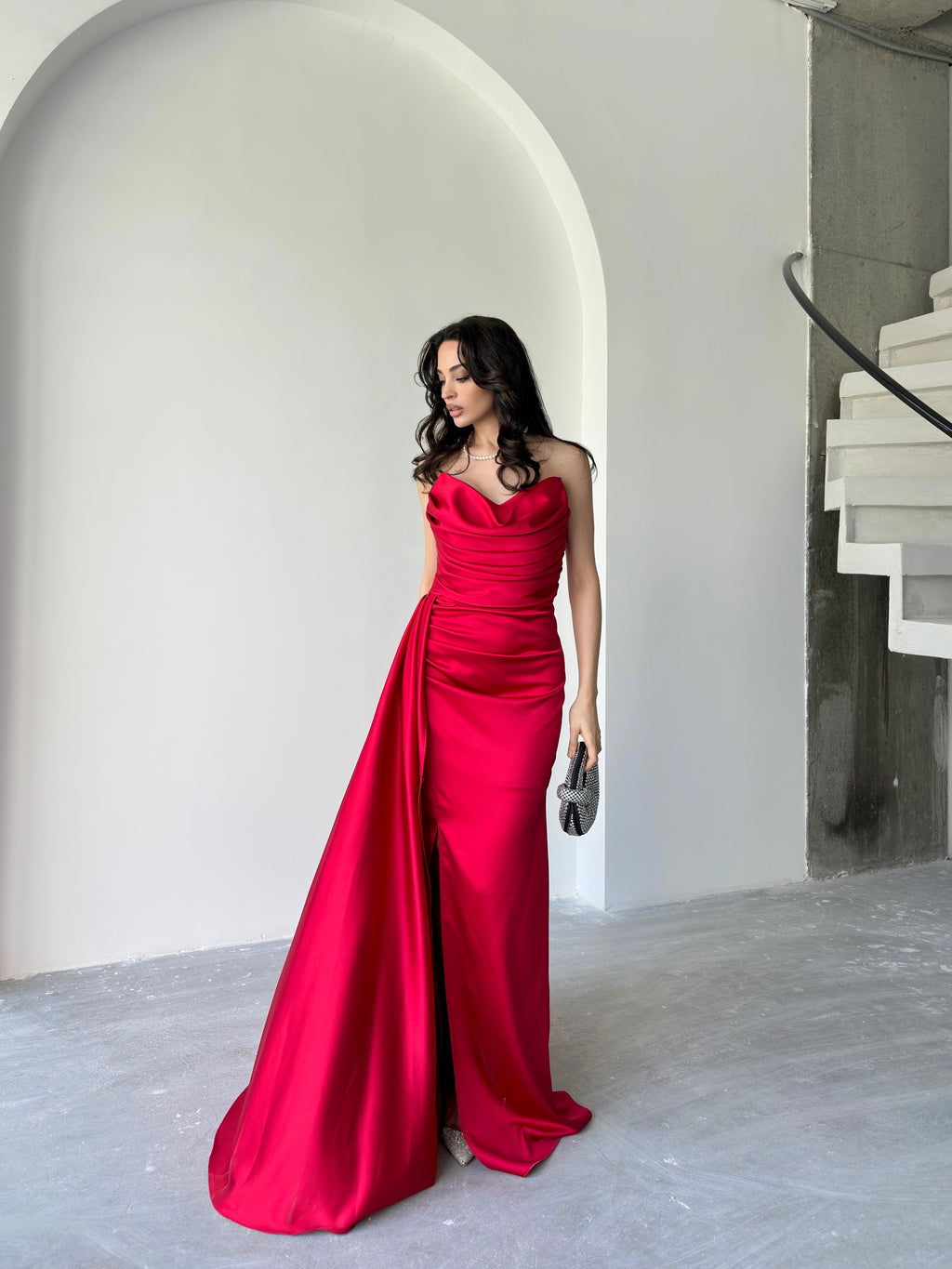 Draped Strapless Satin Maxi Dress - Red
