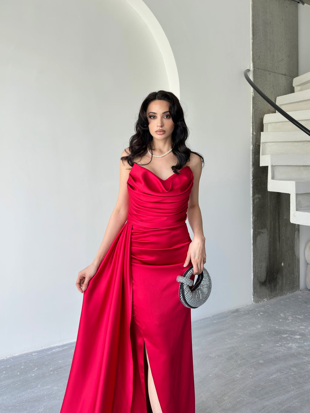 Draped Strapless Satin Maxi Dress - Red