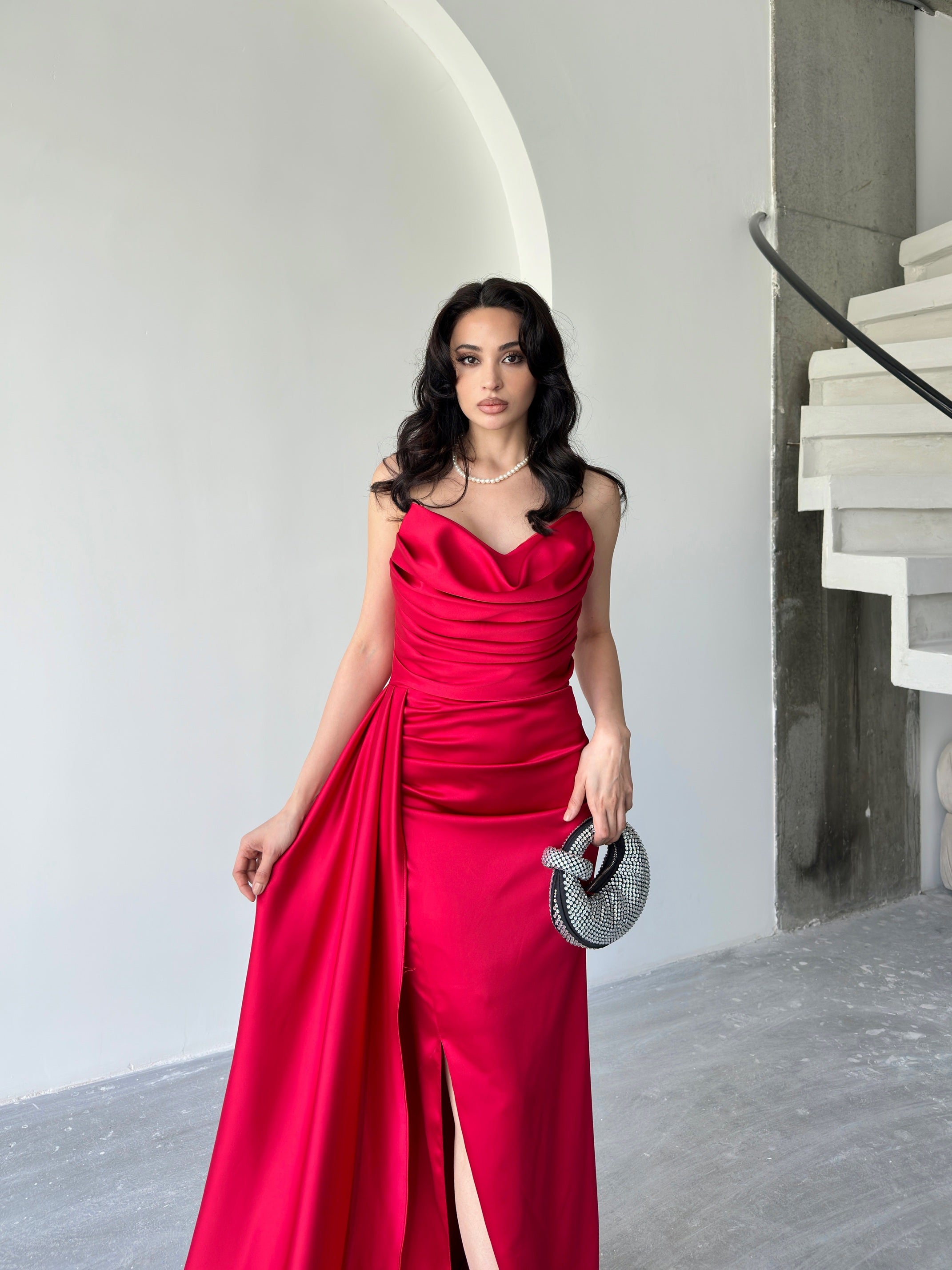 Draped Strapless Satin Maxi Dress - Red