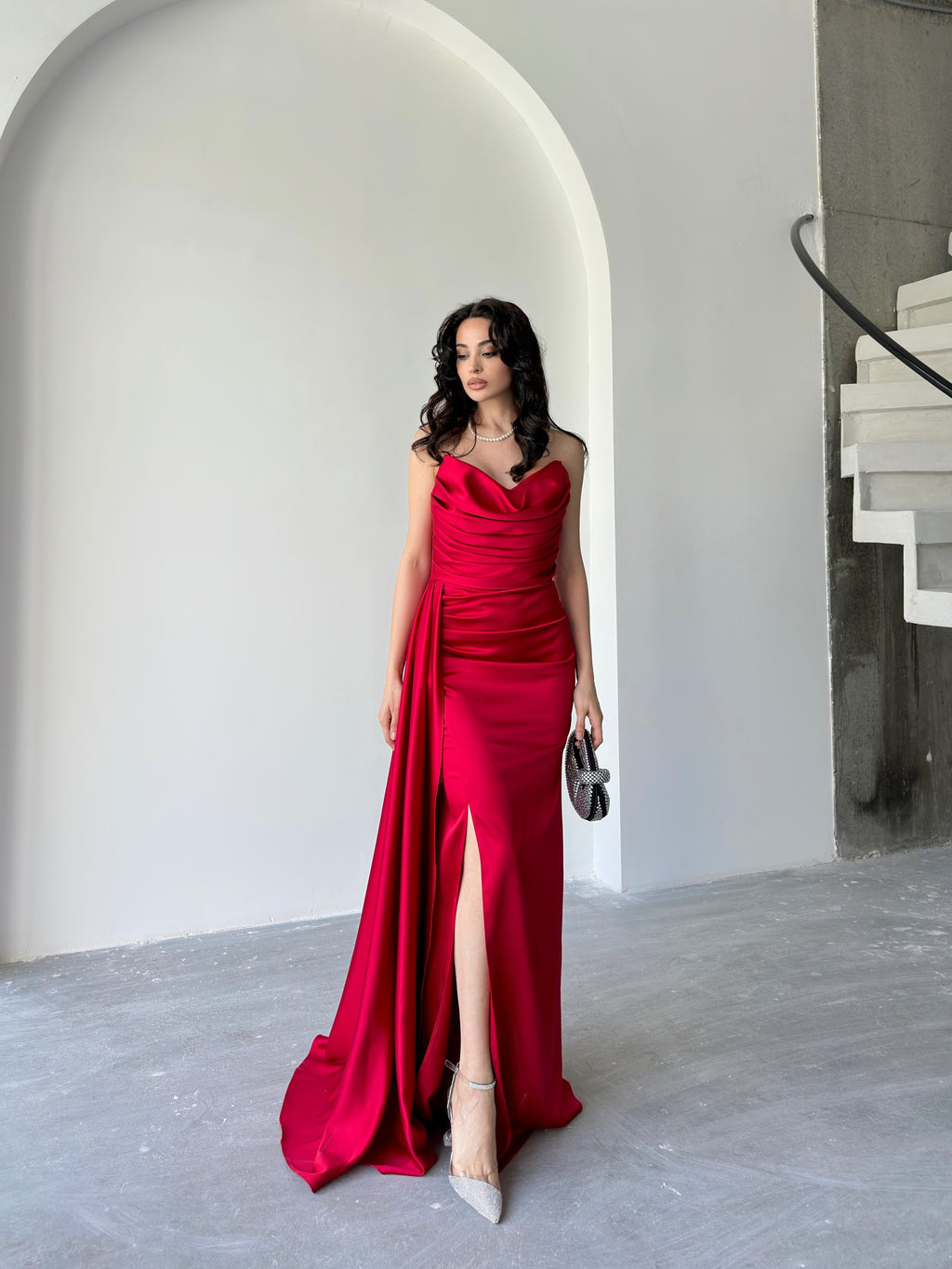 Draped Strapless Satin Maxi Dress - Red