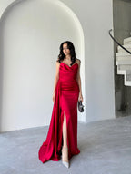 Draped Strapless Satin Maxi Dress - Red