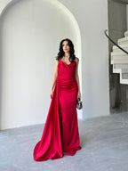 Draped Strapless Satin Maxi Dress - Red