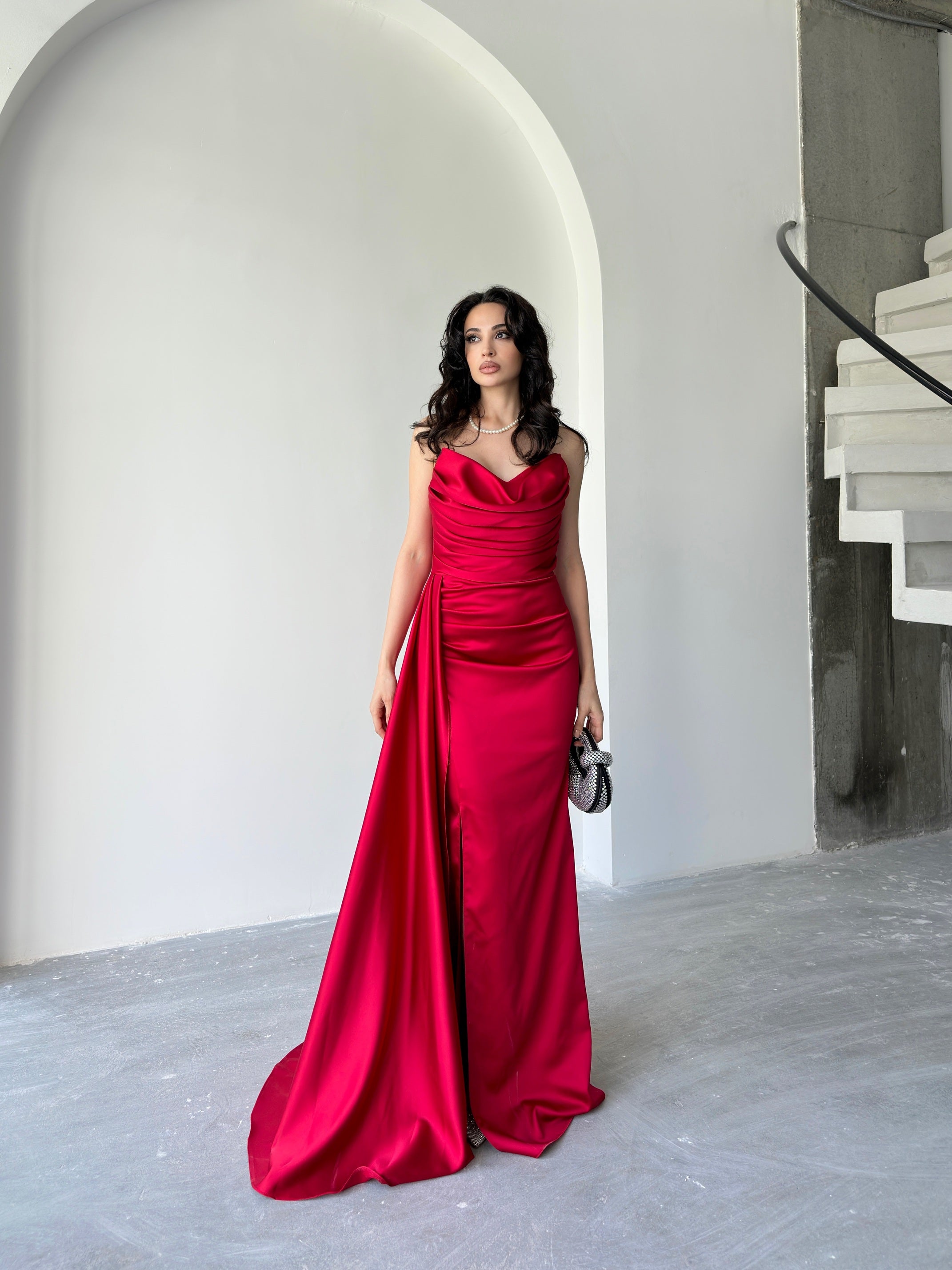 Draped Strapless Satin Maxi Dress - Red