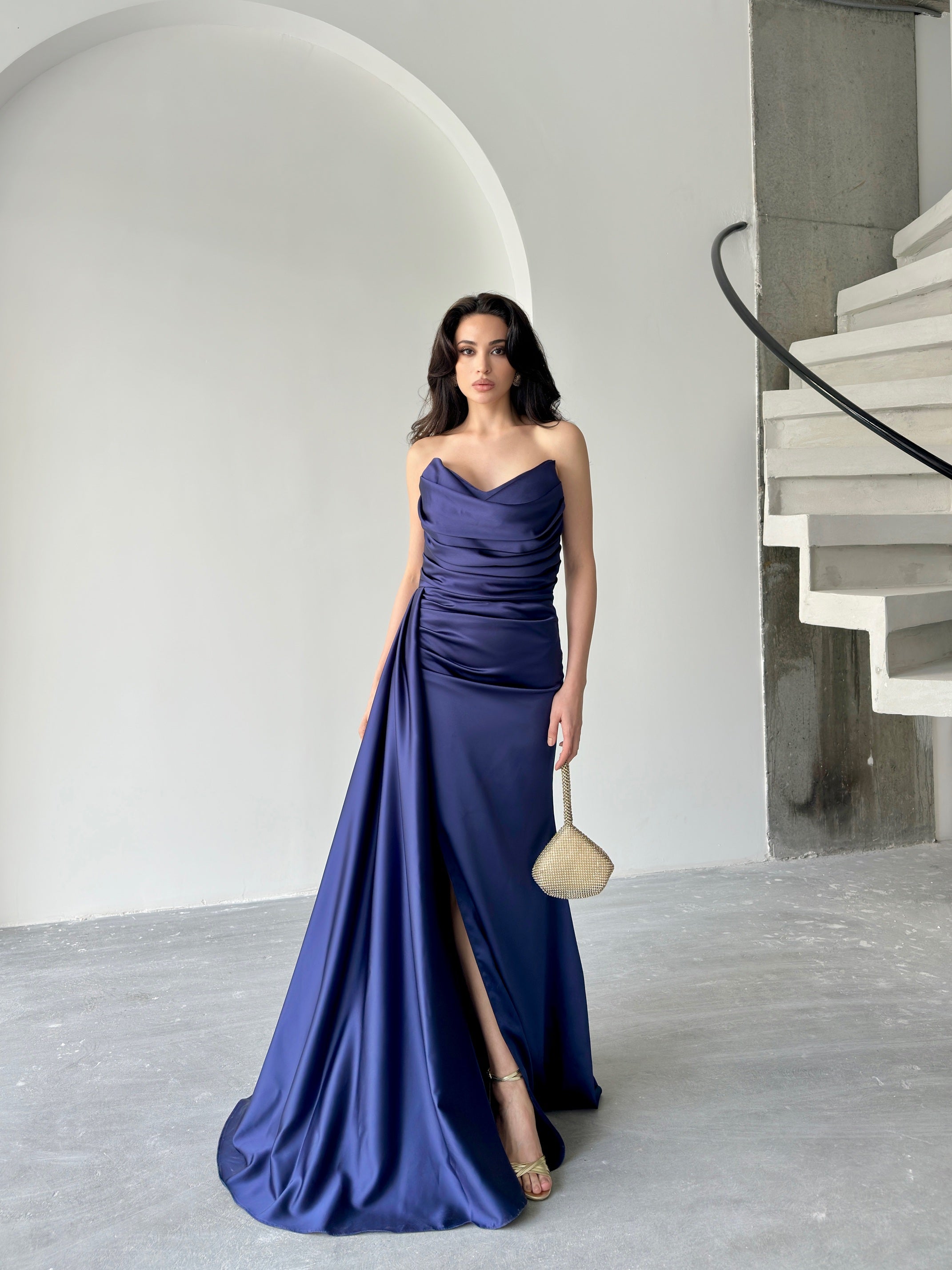 Draped Strapless Satin Maxi Dress - Navy
