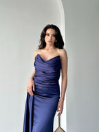 Draped Strapless Satin Maxi Dress - Navy