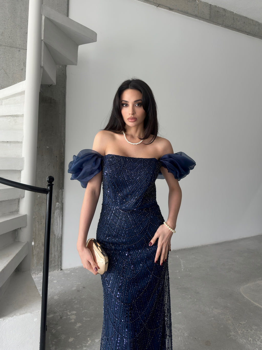 Beaded Off-Shoulder Puff Sleeve Maxi Dress - Navy