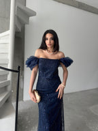 Beaded Off-Shoulder Puff Sleeve Maxi Dress - Navy