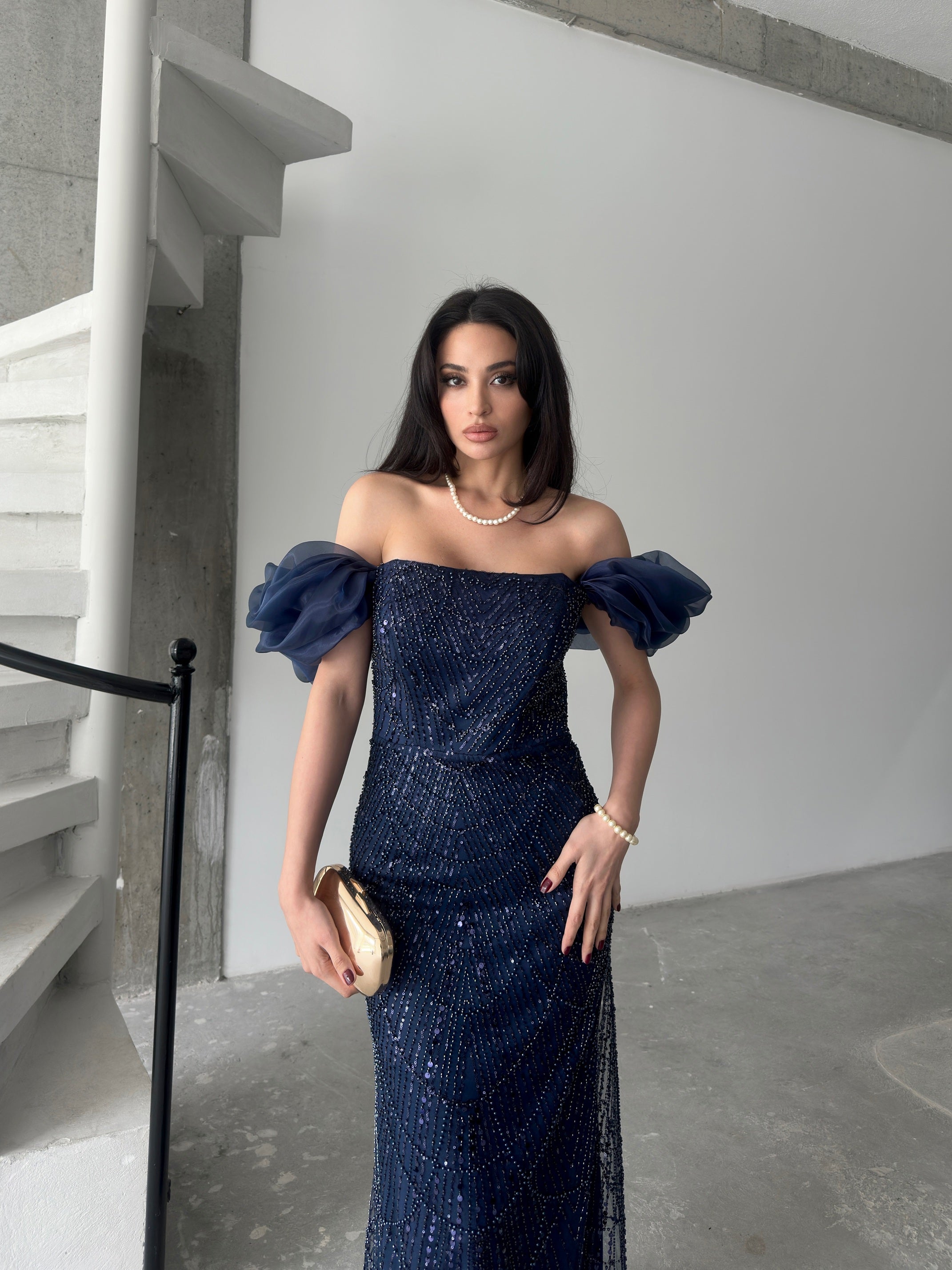 Beaded Off-Shoulder Puff Sleeve Maxi Dress - Navy