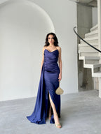 Draped Strapless Satin Maxi Dress - Navy