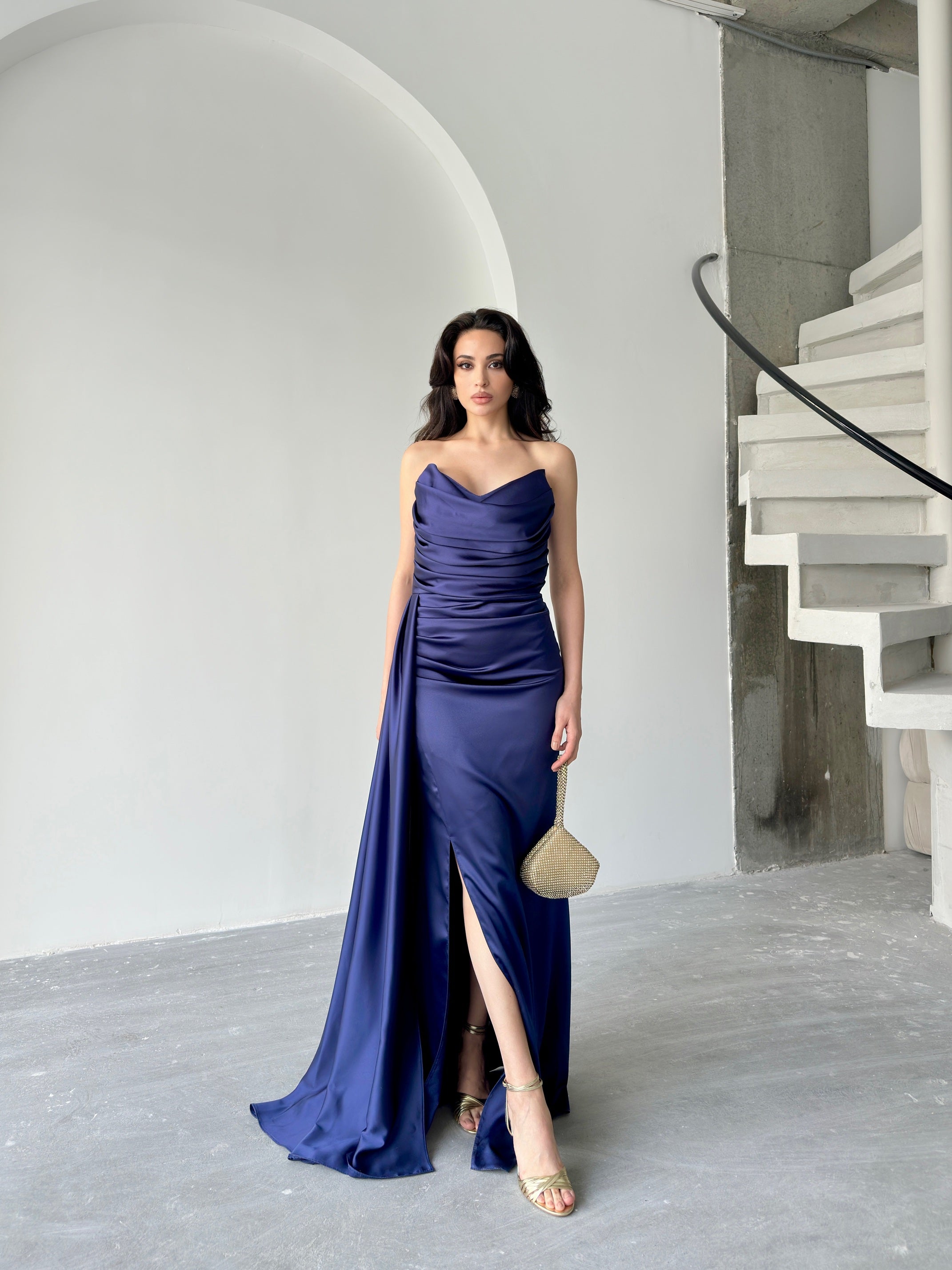 Draped Strapless Satin Maxi Dress - Navy