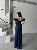 Beaded Off-Shoulder Puff Sleeve Maxi Dress - Navy