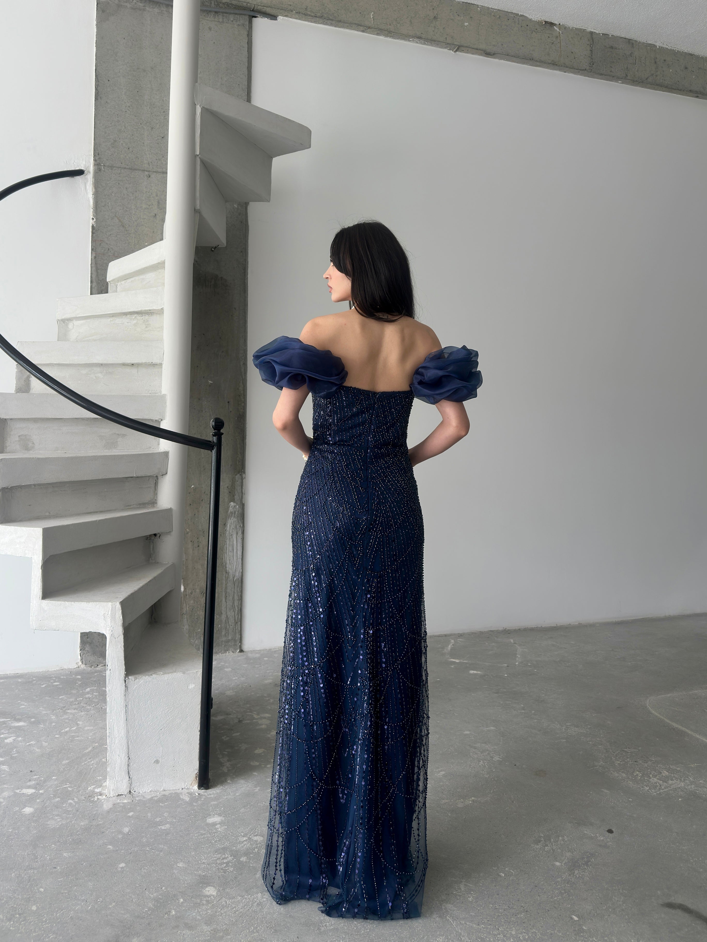 Beaded Off-Shoulder Puff Sleeve Maxi Dress - Navy