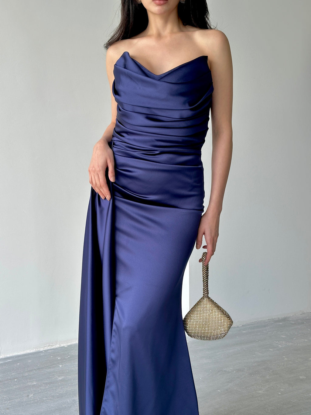 Draped Strapless Satin Maxi Dress - Navy