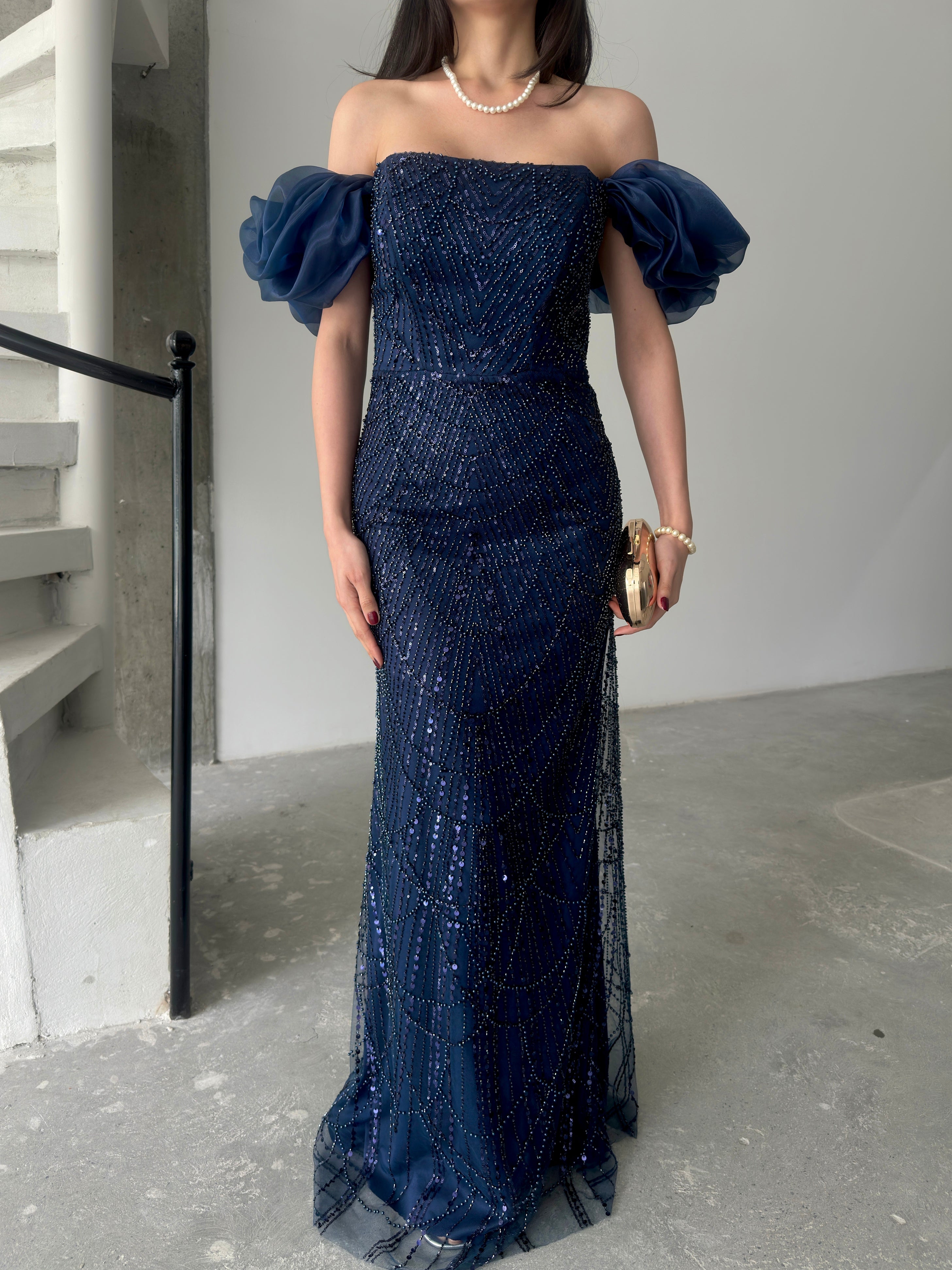 Beaded Off-Shoulder Puff Sleeve Maxi Dress - Navy