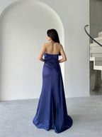Draped Strapless Satin Maxi Dress - Navy