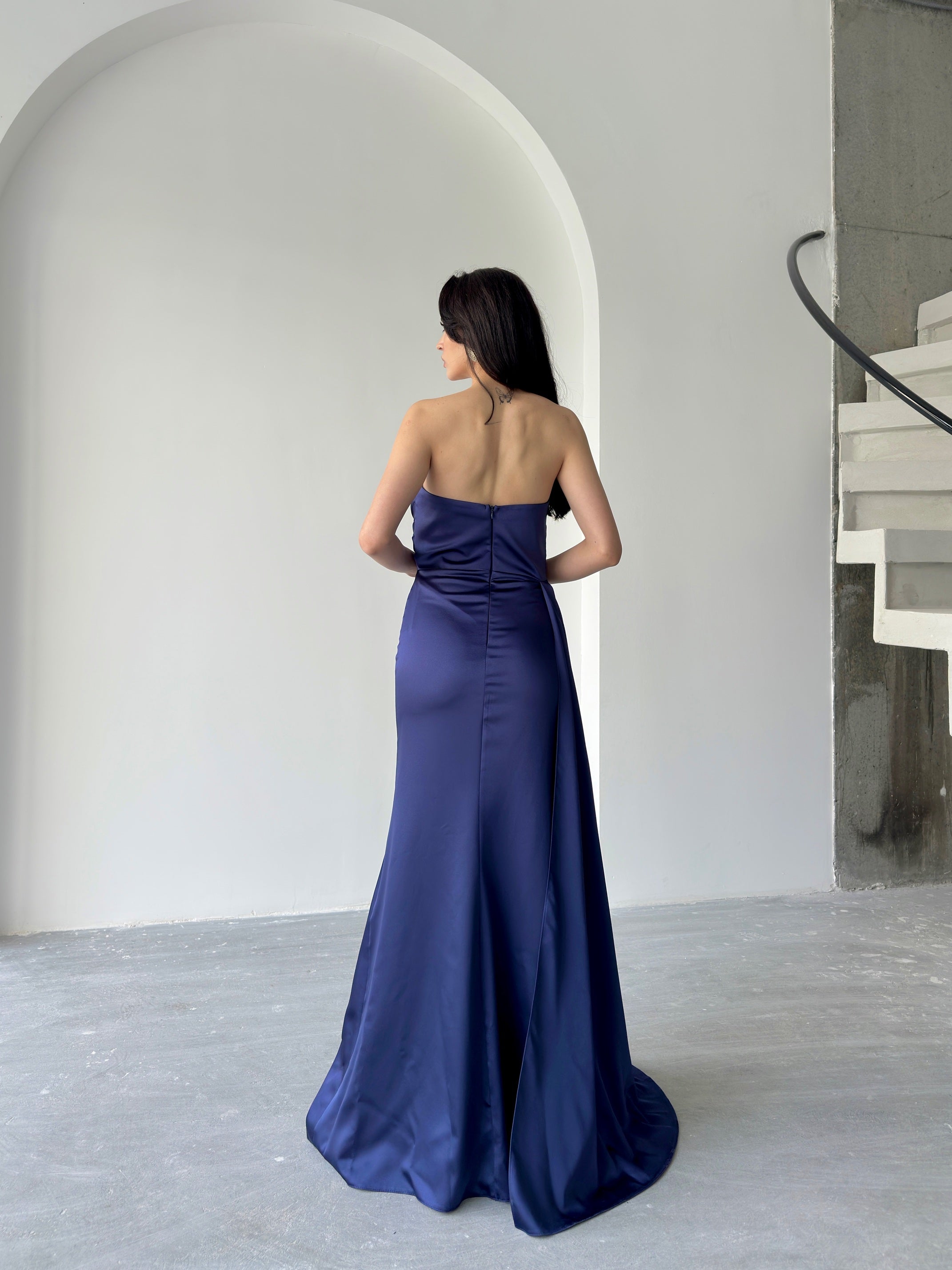 Draped Strapless Satin Maxi Dress - Navy