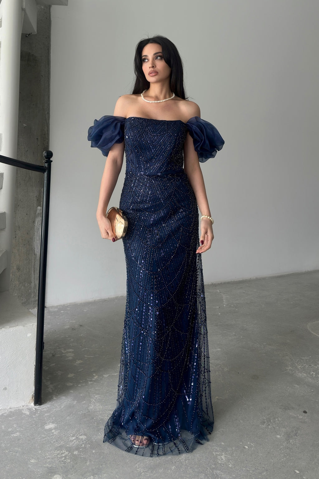 Beaded Off-Shoulder Puff Sleeve Maxi Dress - Navy