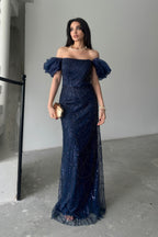 Beaded Off-Shoulder Puff Sleeve Maxi Dress - Navy