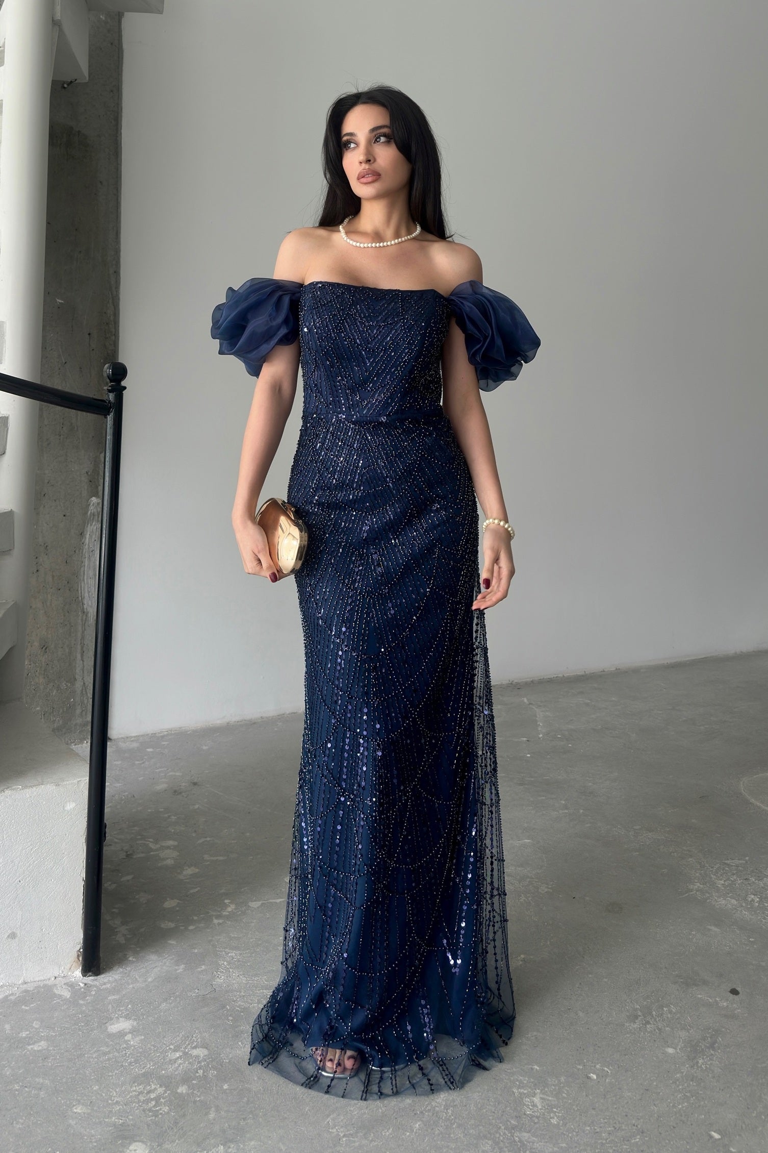 Beaded Off-Shoulder Puff Sleeve Maxi Dress - Navy