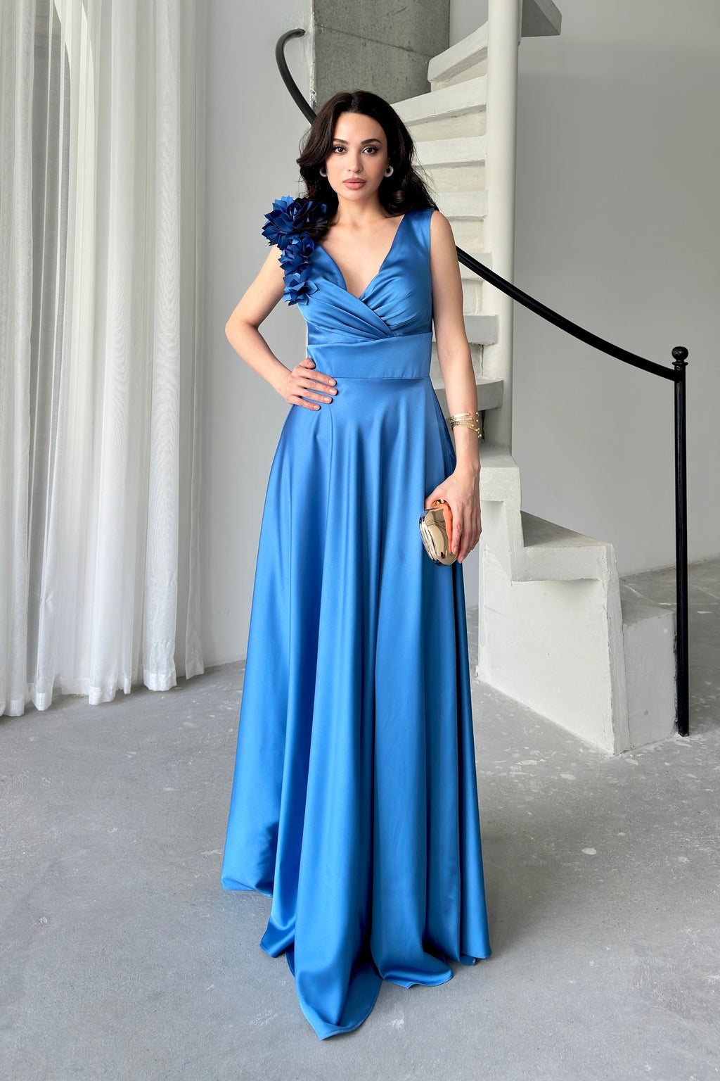 Surplice Neck Floral Shoulder Satin Maxi Dress - Blue
