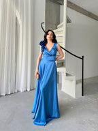 Surplice Neck Floral Shoulder Satin Maxi Dress - Blue