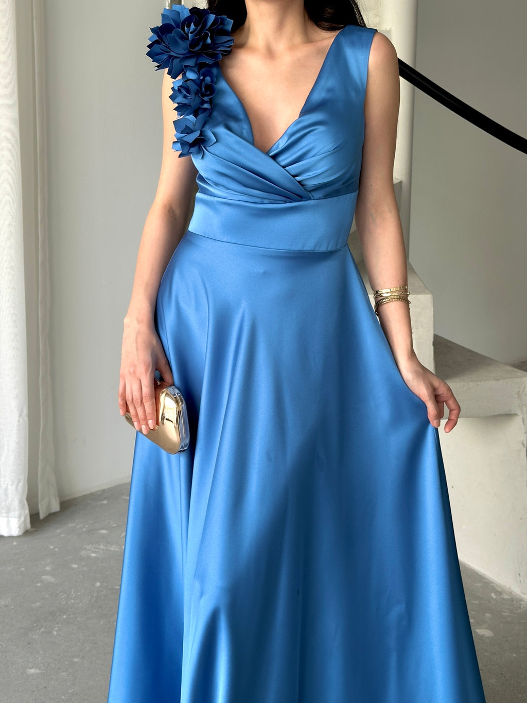 Surplice Neck Floral Shoulder Satin Maxi Dress - Blue