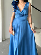 Surplice Neck Floral Shoulder Satin Maxi Dress - Blue