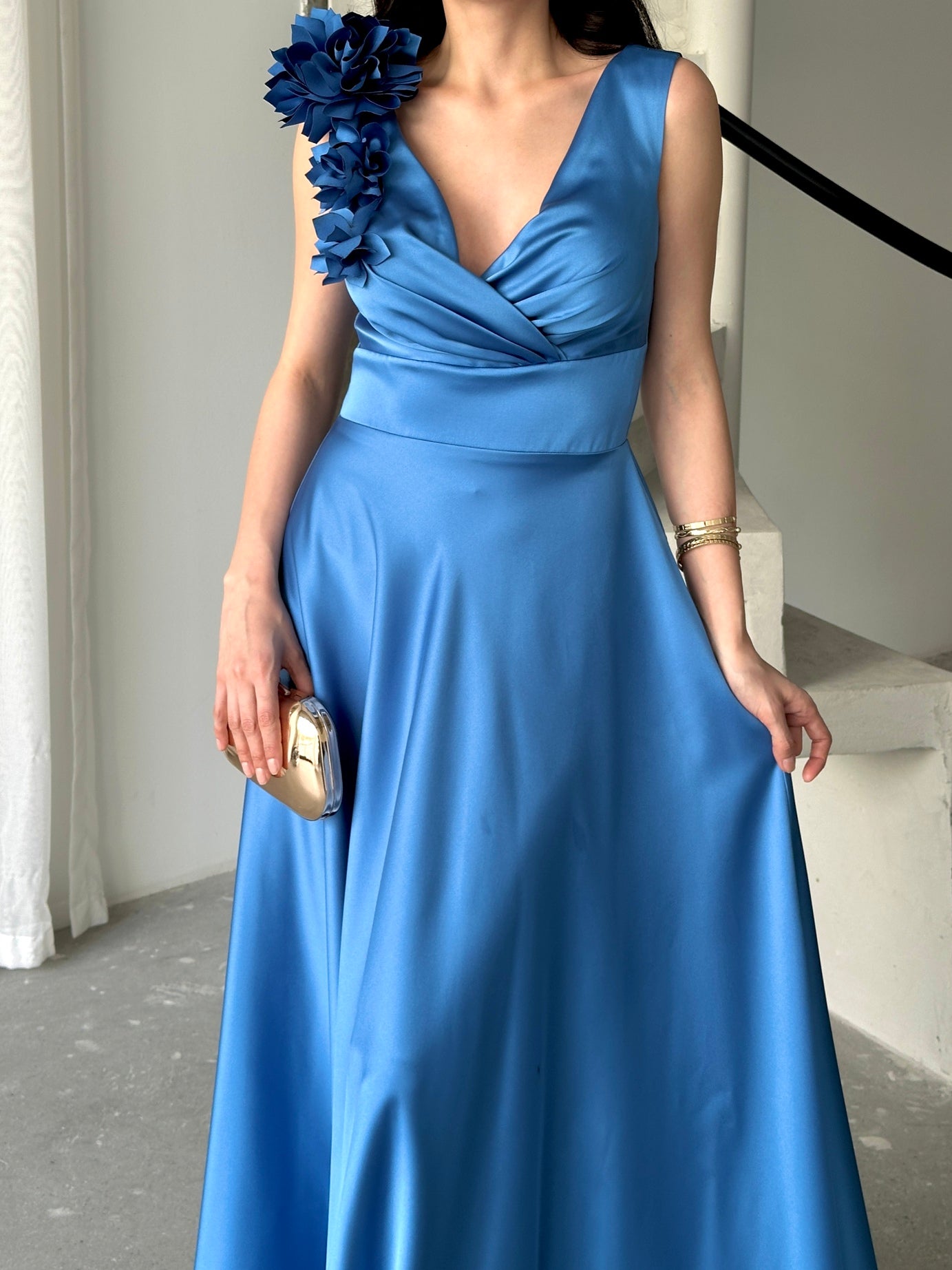 Surplice Neck Floral Shoulder Satin Maxi Dress - Blue