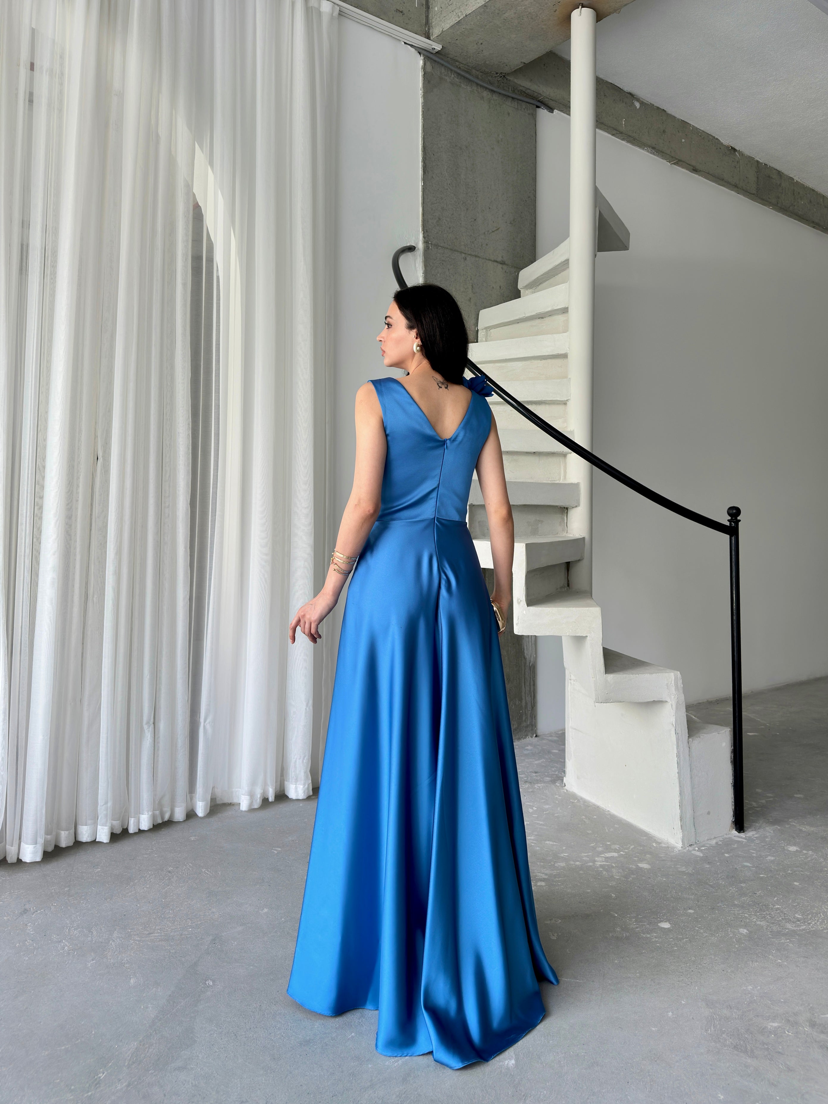 Surplice Neck Floral Shoulder Satin Maxi Dress - Blue