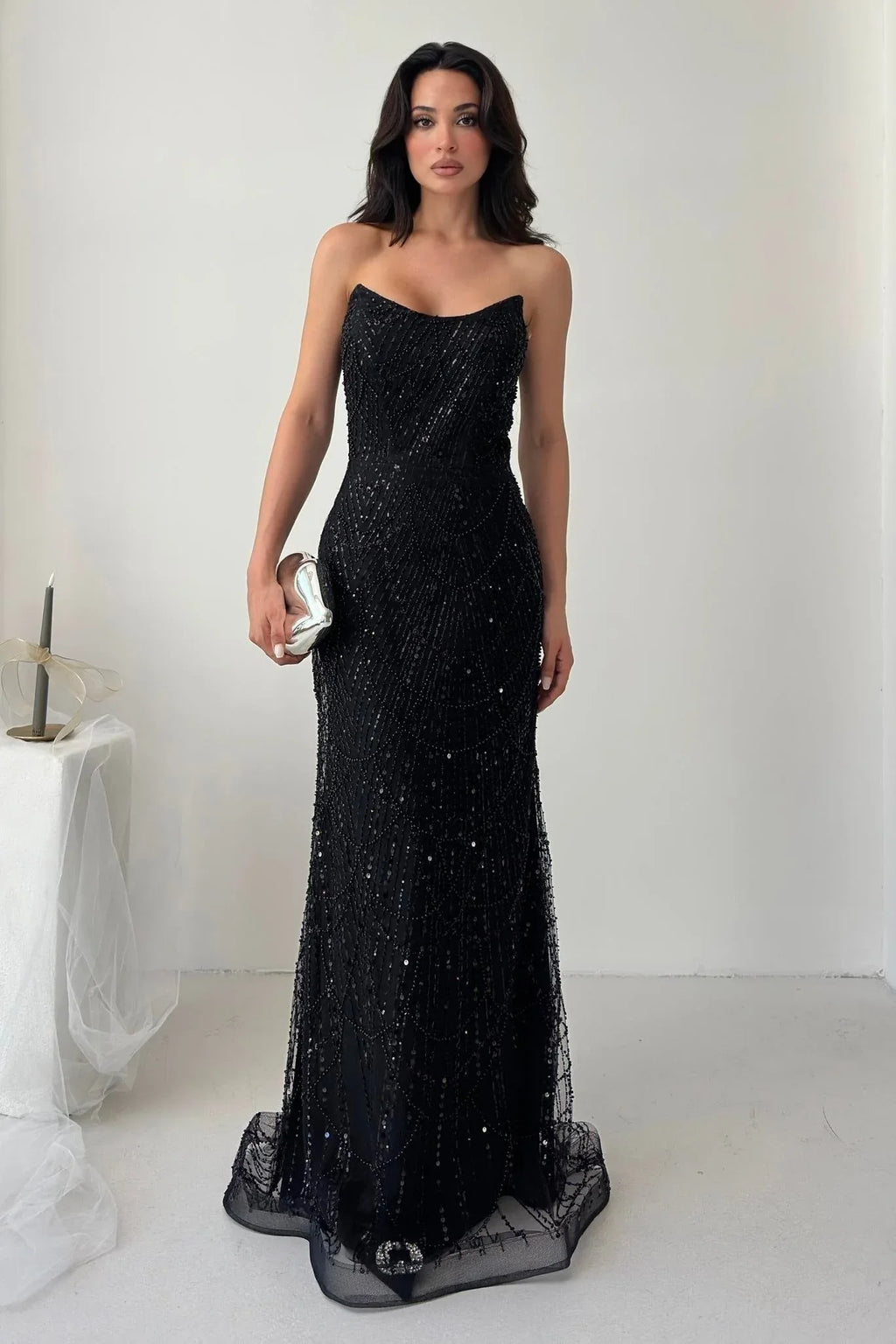 Beaded Sequined Strapless Maxi Dress - Black - Mirelline Store
