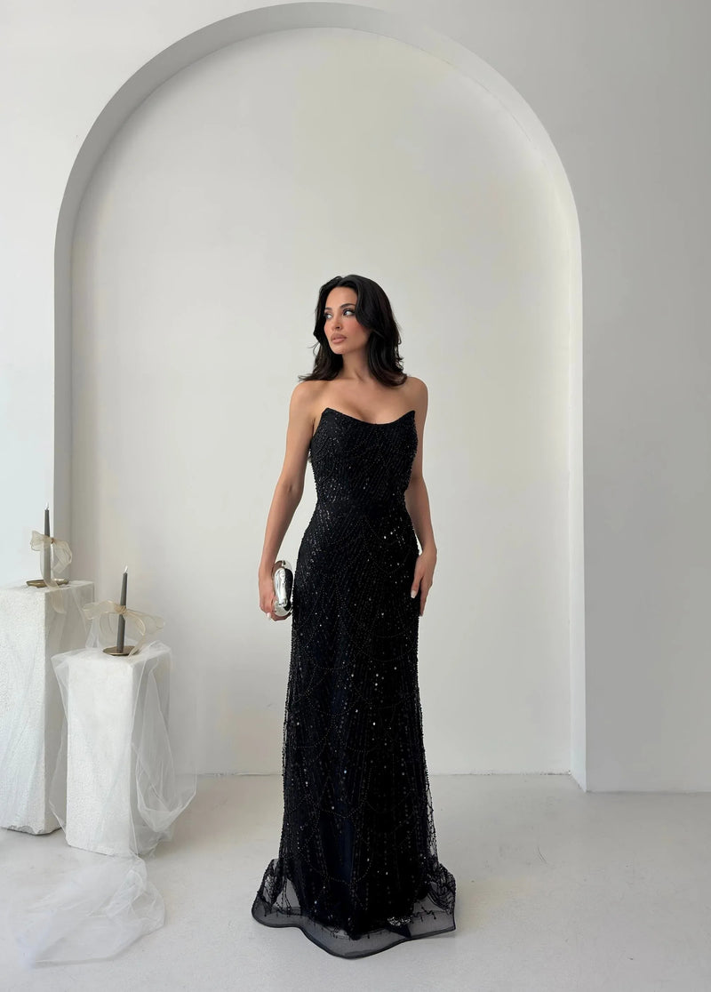 Beaded Sequined Strapless Maxi Dress - Black - Mirelline Store