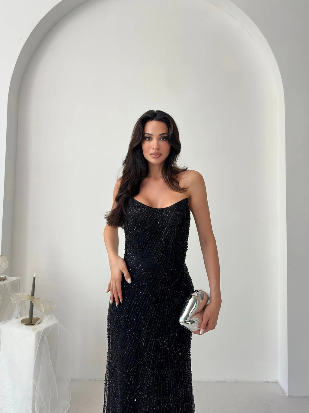Beaded Sequined Strapless Maxi Dress - Black - Mirelline Store