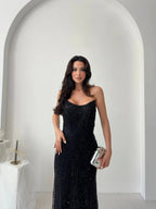 Beaded Sequined Strapless Maxi Dress - Black - Mirelline Store