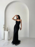 Beaded Sequined Strapless Maxi Dress - Black - Mirelline Store