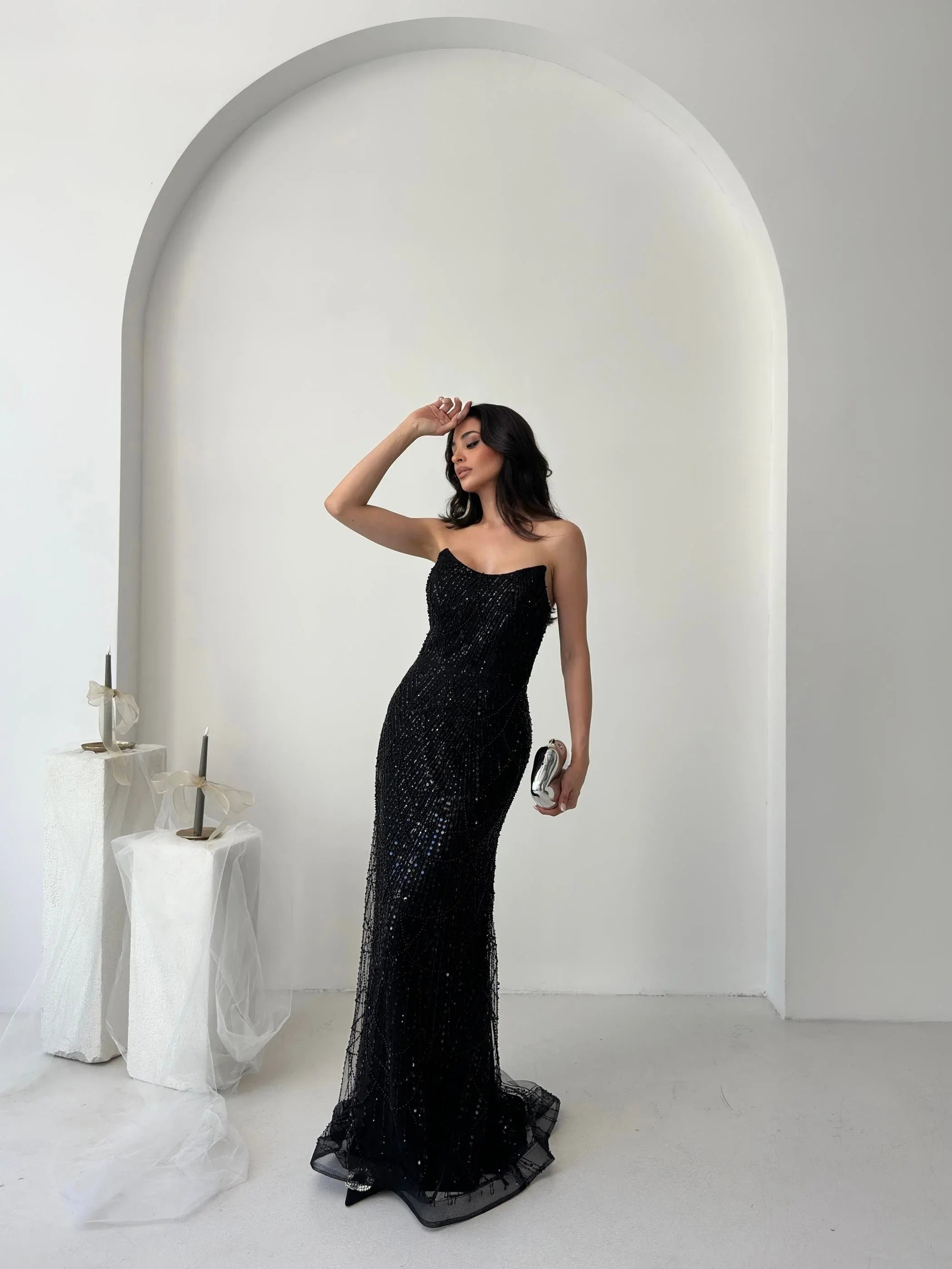 Beaded Sequined Strapless Maxi Dress - Black - Mirelline Store